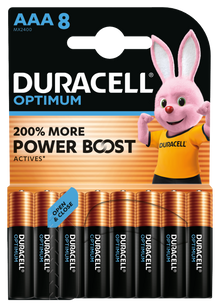 Duracell Optimum AAA batterier 8 stk i pakke med pink Bunny i orange trøje og teksten "200 More Power Boost.