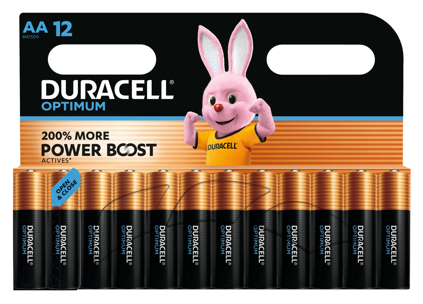 Duracell Optimum AA-batterier 12 stk pakke med kobbertop, Duracell-kaniner og Power Boost-teknologi på emballagen.