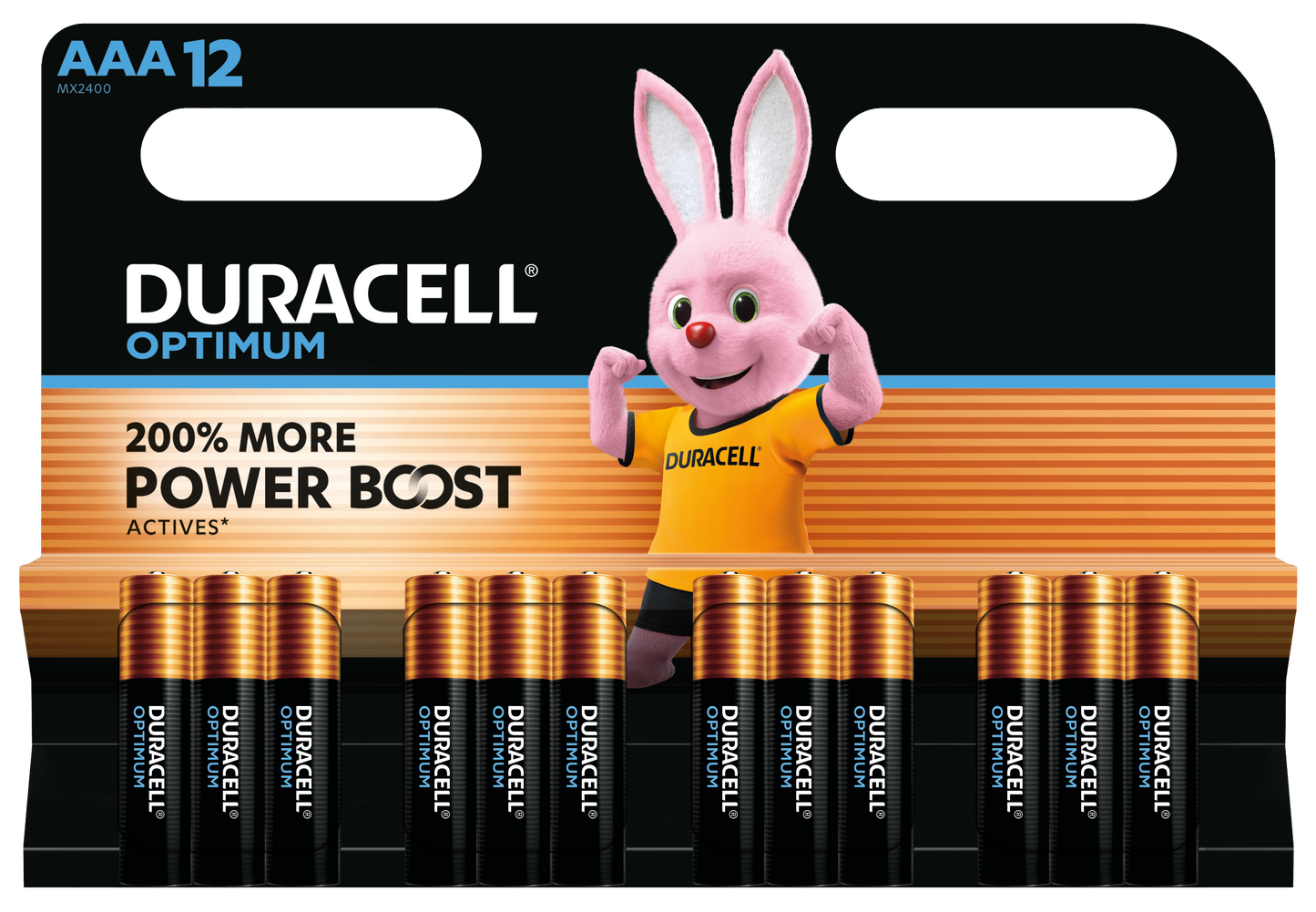 Duracell Optimum AAA-batterier 12-pak, tekst på emballage: 200 Mere Power Boost.