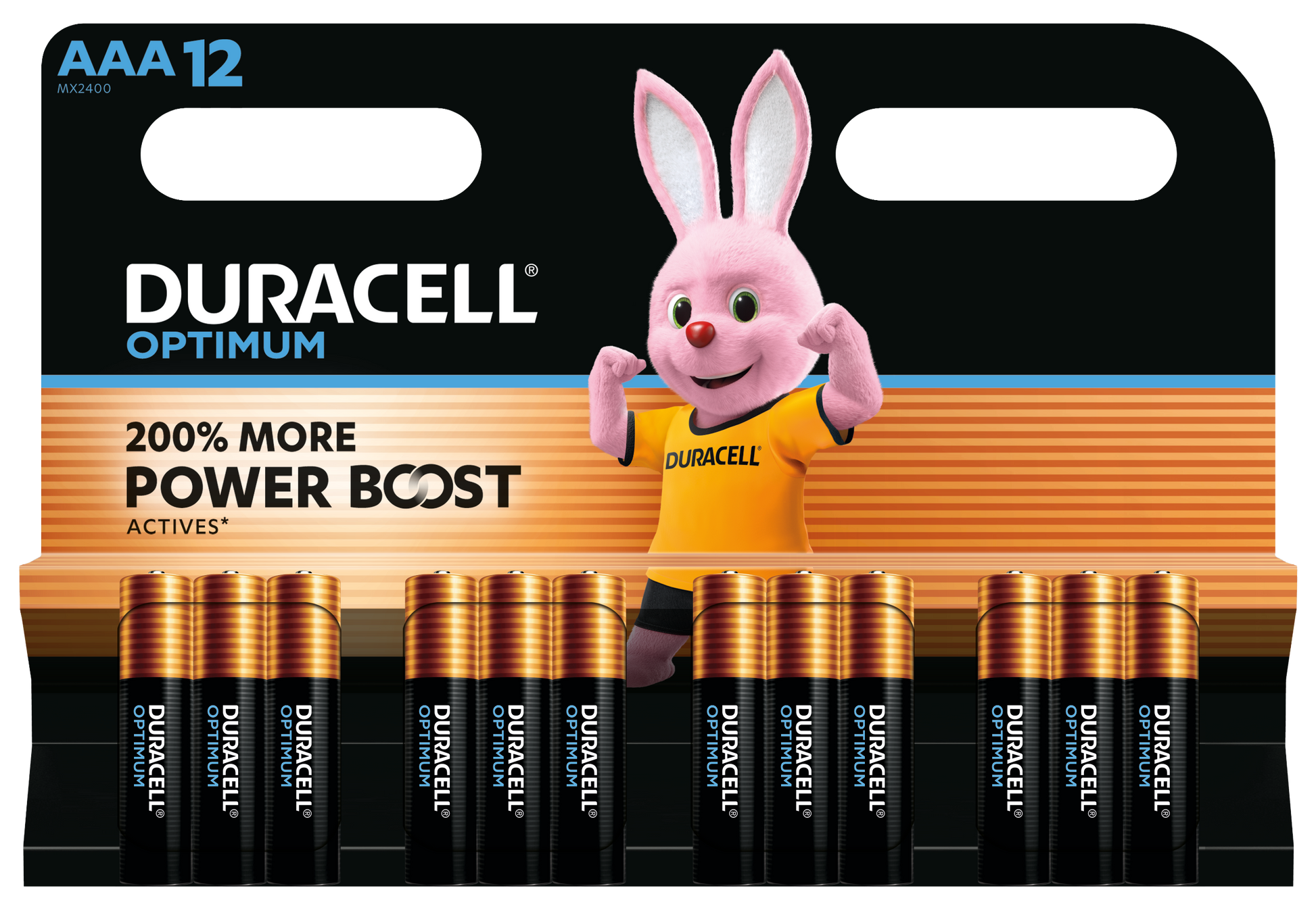 Duracell Optimum AAA-batterier 12-pak, tekst på emballage: 200 Mere Power Boost.