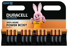 Duracell Optimum AAA-batterier 12-pak, tekst på emballage: 200 Mere Power Boost.