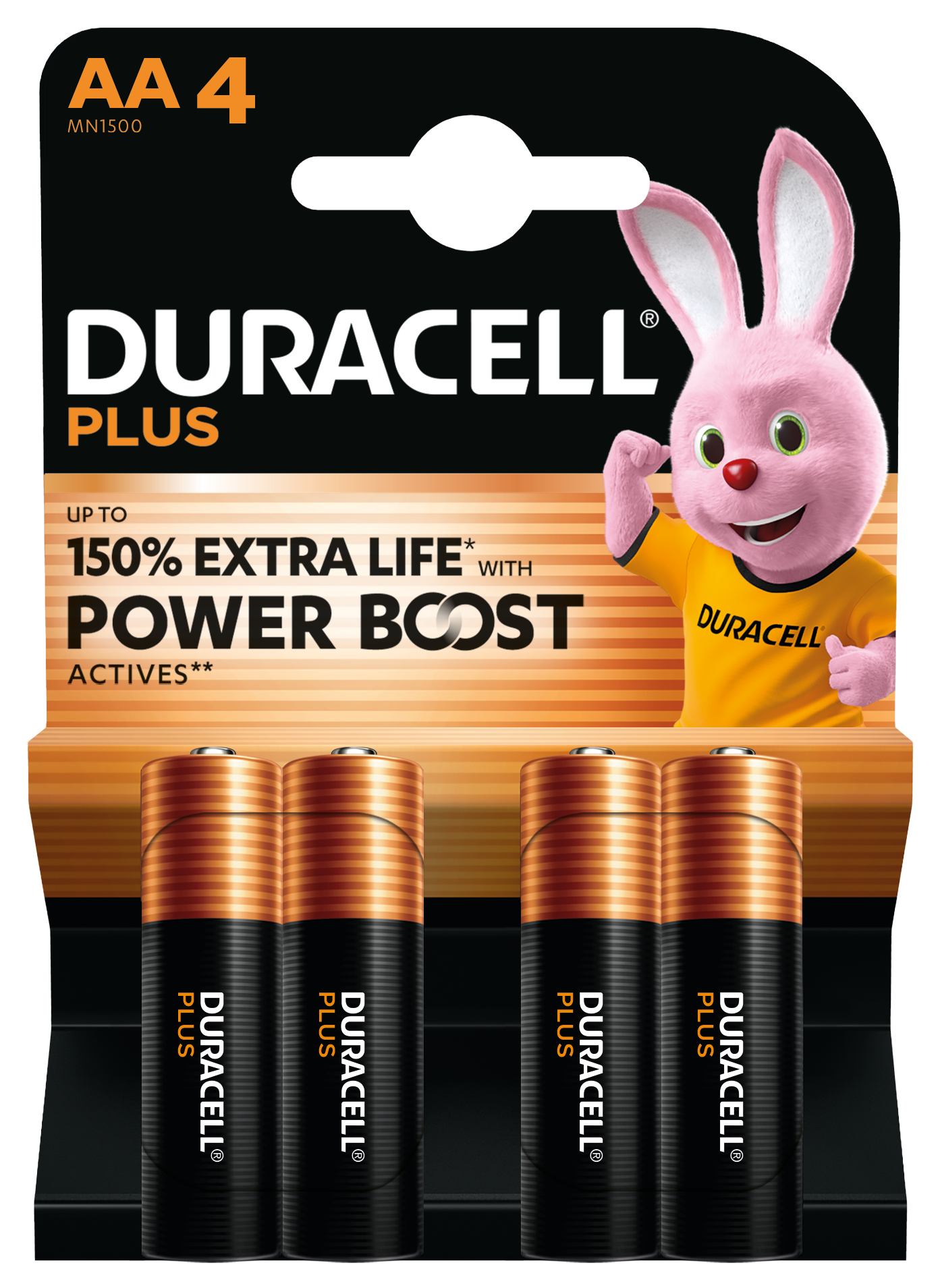 Duracell Plus Boost AA-batterier 4 stk med Power Boost-teknologi og Duracell-kanin på emballagen.
