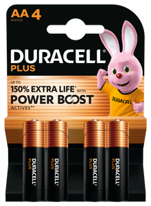 Duracell Plus Boost AA-batterier 4 stk med Power Boost-teknologi og Duracell-kanin på emballagen.