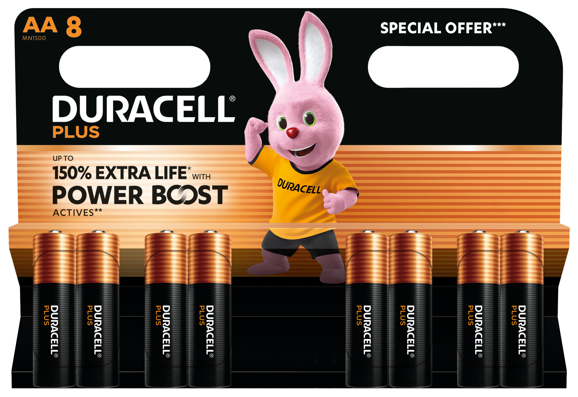 Duracell Plus Boost AA-batteri 8 stk, 150 ekstra levetid, Power Boost, emballage med lyserød kanin i orange trøje.