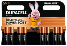 Duracell Plus Boost AA-batteri 8 stk, 150 ekstra levetid, Power Boost, emballage med lyserød kanin i orange trøje.