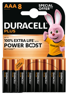 Duracell Plus Boost AAA-batterier 8 stk sort kobber emballage lyserød Duracell Bunny tekst: 100 ekstra levetid, særligt tilbud.