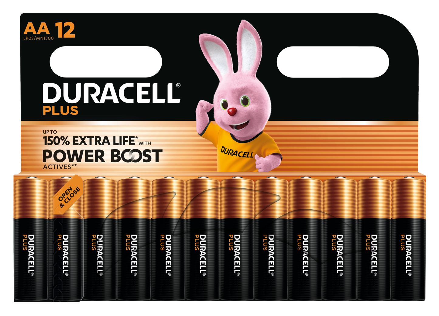 Duracell Plus Boost AA-batterier 12 stk med op til 150 ekstra levetid og pink kaninmaskot på emballagen.