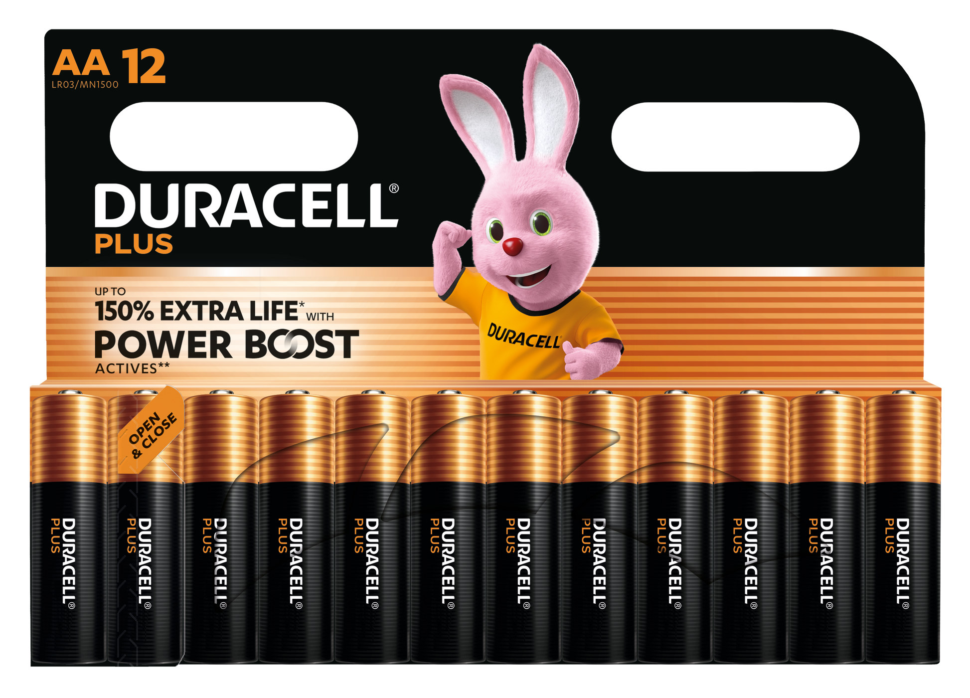 Duracell Plus Boost AA-batterier 12 stk med op til 150 ekstra levetid og pink kaninmaskot på emballagen.