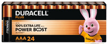 Duracell Plus Boost AAA alkaliske batterier 24 stk i sort/guld æske med kaninlogo og tekst om 100 ekstra levetid.