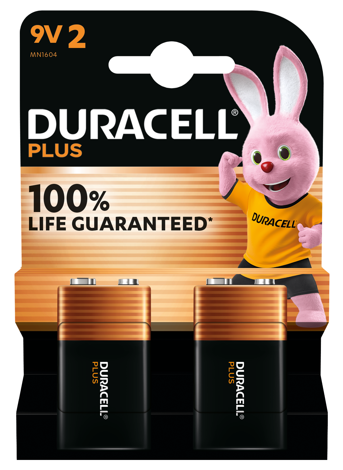 Duracell Plus 9V batterier 2-pak i sort og kobber emballage med Duracell-kanin, tekst "100 LIFE GUARANTEED" og "9V 2.