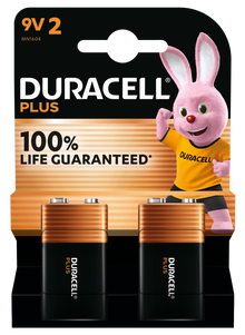 Duracell Plus 9V batterier 2-pak i sort og kobber emballage med Duracell-kanin, tekst "100 LIFE GUARANTEED" og "9V 2.