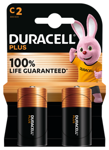 Duracell Plus C-batterier 2-pak i emballage med pink Duracell Bunny, gul trøje, LR14 MN1400 og Duracell-logo.