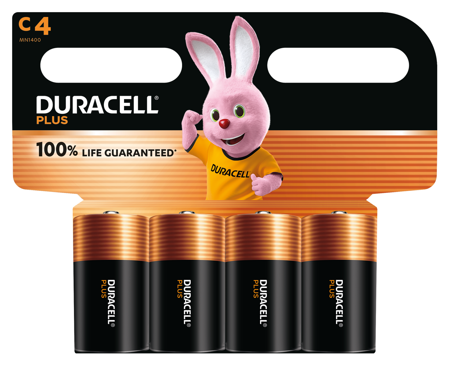 Duracell Plus C-batteri 4 stk alkaline i sort og orange emballage med Duracell Bunny og teksten "100 Life Guaranteed.