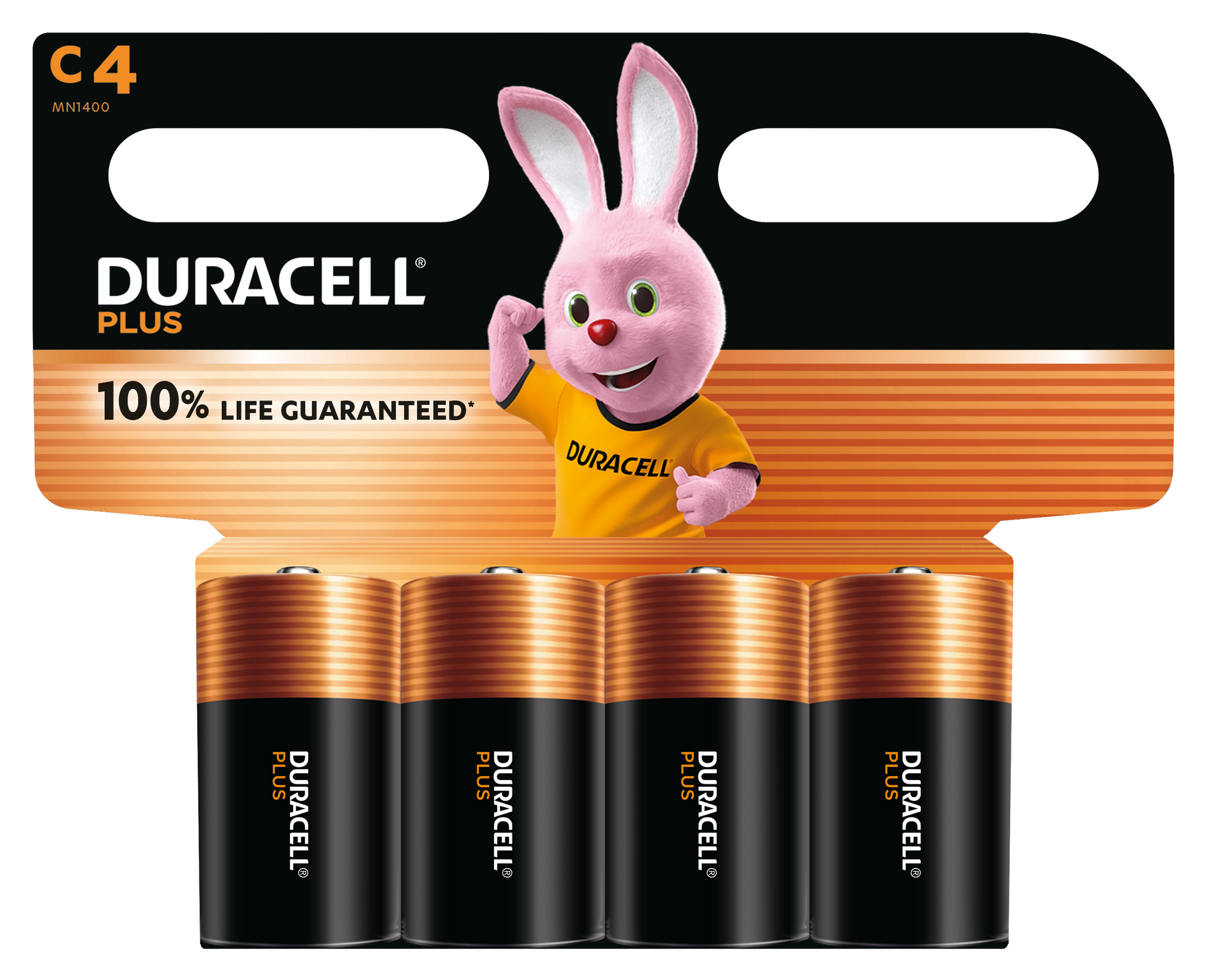 Duracell Plus C-batteri 4 stk alkaline i sort og orange emballage med Duracell Bunny og teksten "100 Life Guaranteed.