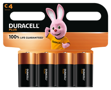Duracell Plus C-batteri 4 stk alkaline i sort og orange emballage med Duracell Bunny og teksten "100 Life Guaranteed.