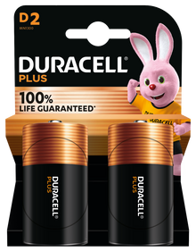 Duracell Plus D-batterier 2 stk i sort og kobber emballage, Duracell Bunny til højre, "100 Life Guaranteed", "D2.