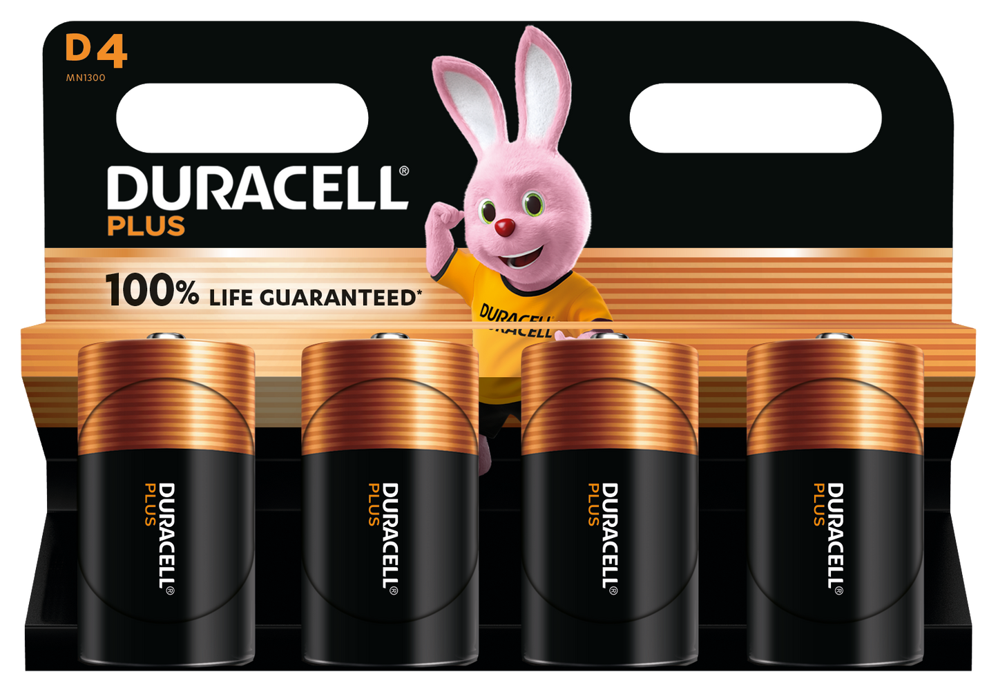 Duracell Plus D-batterier 4 stk alkaliske D størrelse med 100 levetidsgaranti tekst på emballagen.