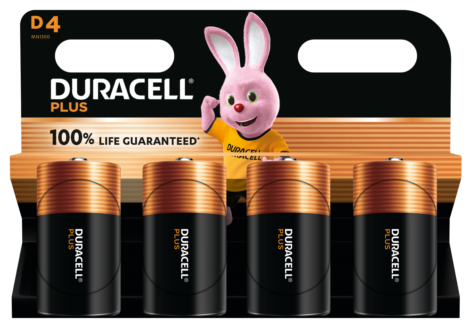 Duracell Plus D-batterier 4 stk alkaliske D størrelse med 100 levetidsgaranti tekst på emballagen.