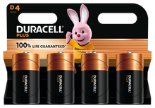 Duracell Plus D-batterier 4 stk alkaliske D størrelse med 100 levetidsgaranti tekst på emballagen.