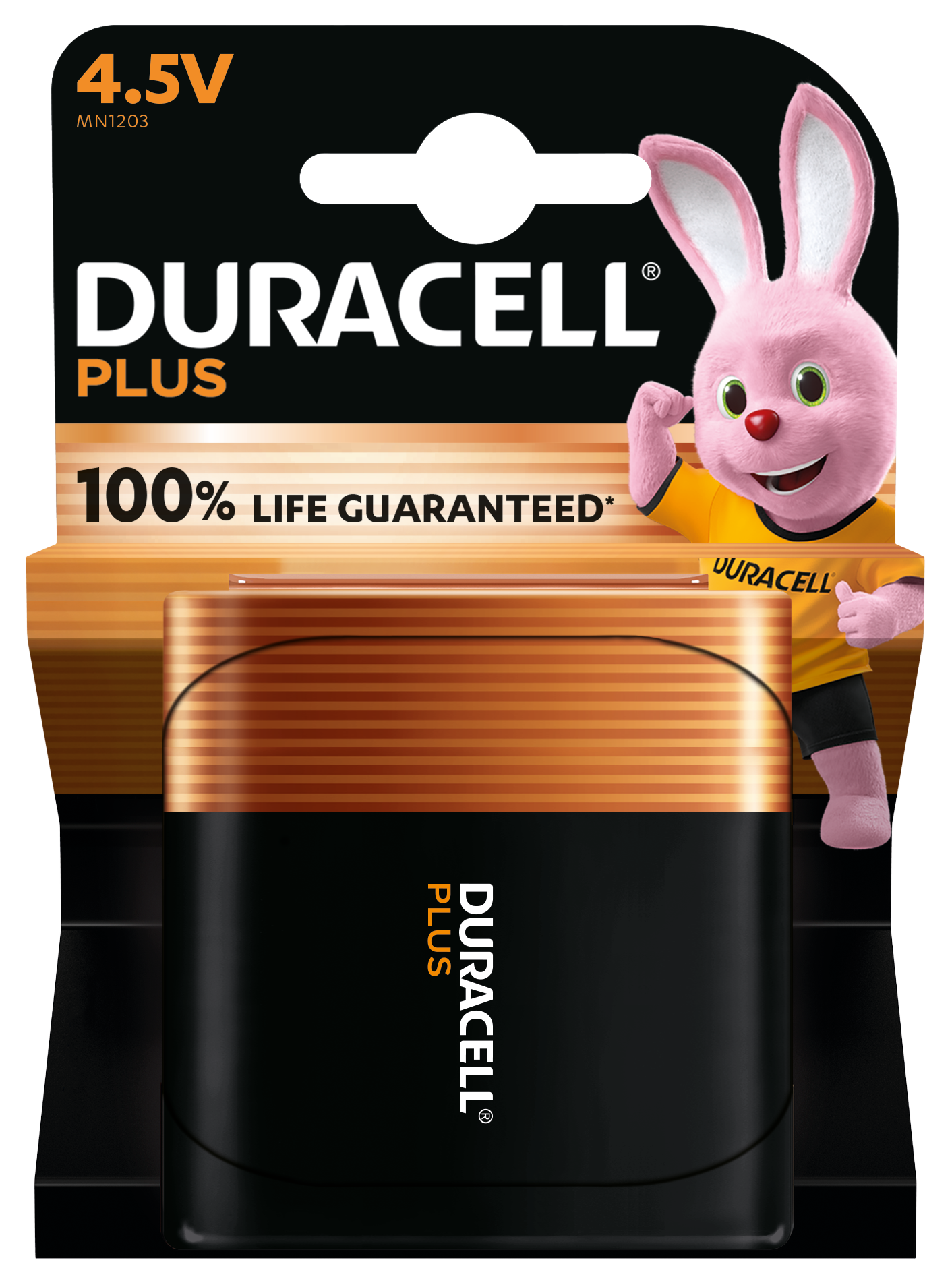 Duracell Plus 4,5V batteri 1 stk emballage med Duracell Bunny øverst, 100 Life Guaranteed, sort/kobber design.