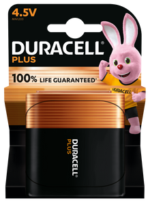 Duracell Plus 4,5V batteri 1 stk emballage med Duracell Bunny øverst, 100 Life Guaranteed, sort/kobber design.