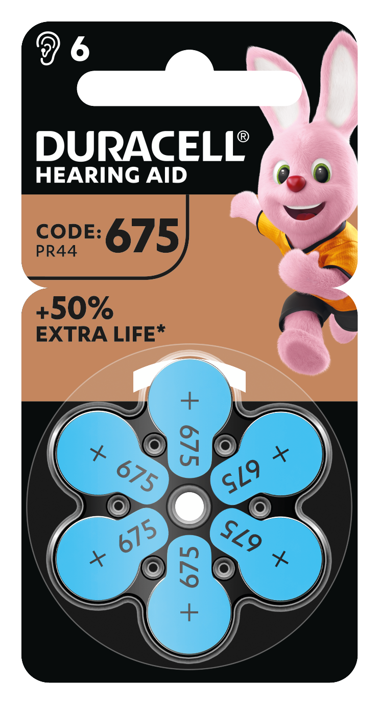 Duracell DA675 høreapparatbatterier 6 stk størrelse 675 PR44 emballage med pink kaninmaskot og +50 ekstra levetid.