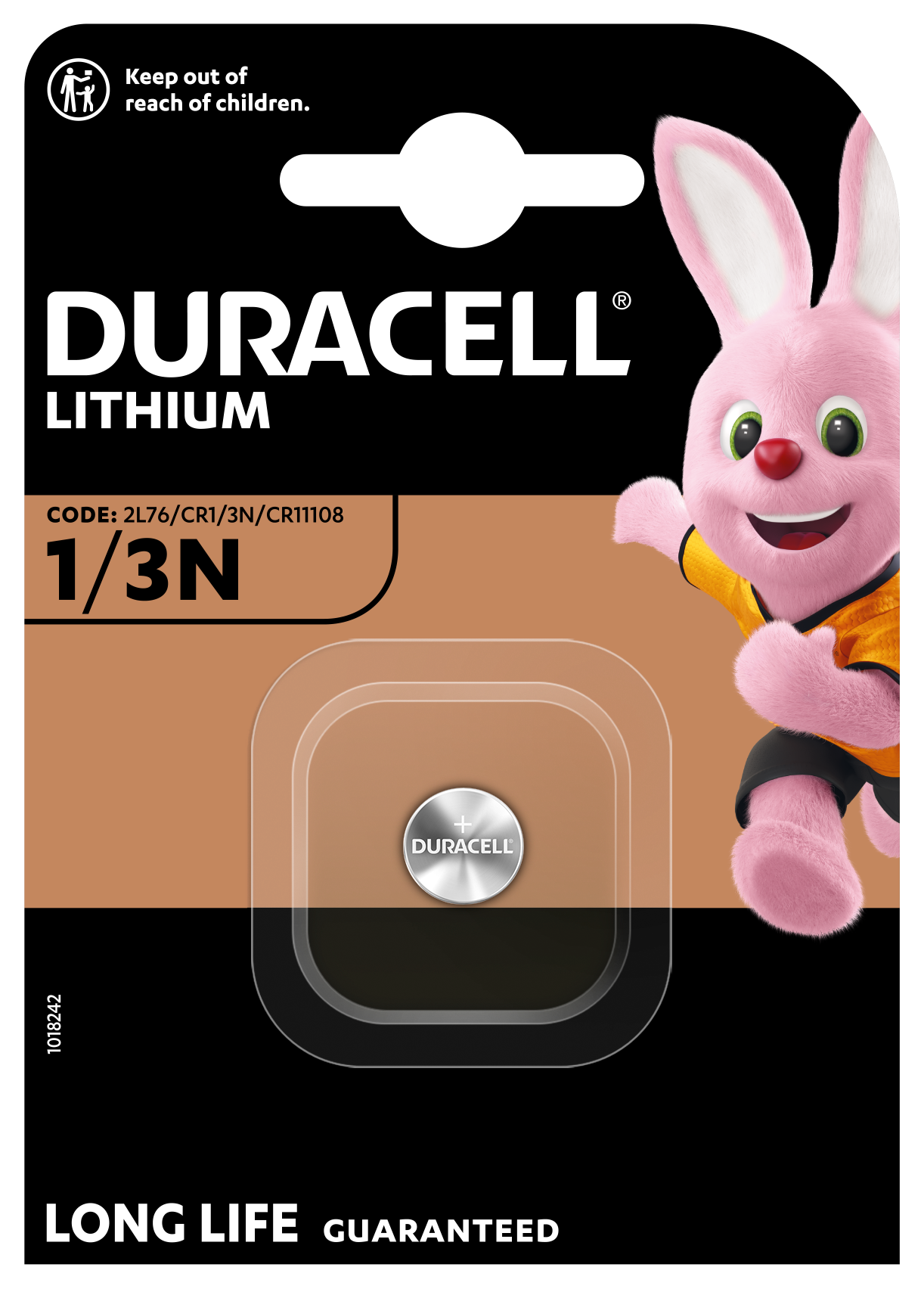 Duracell 1/3N lithium knapcellebatteri 1 stk i æske med Duracell Bunny til højre og teksten LONG LIFE GUARANTEED.