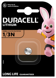 Duracell 1/3N lithium knapcellebatteri 1 stk i æske med Duracell Bunny til højre og teksten LONG LIFE GUARANTEED.