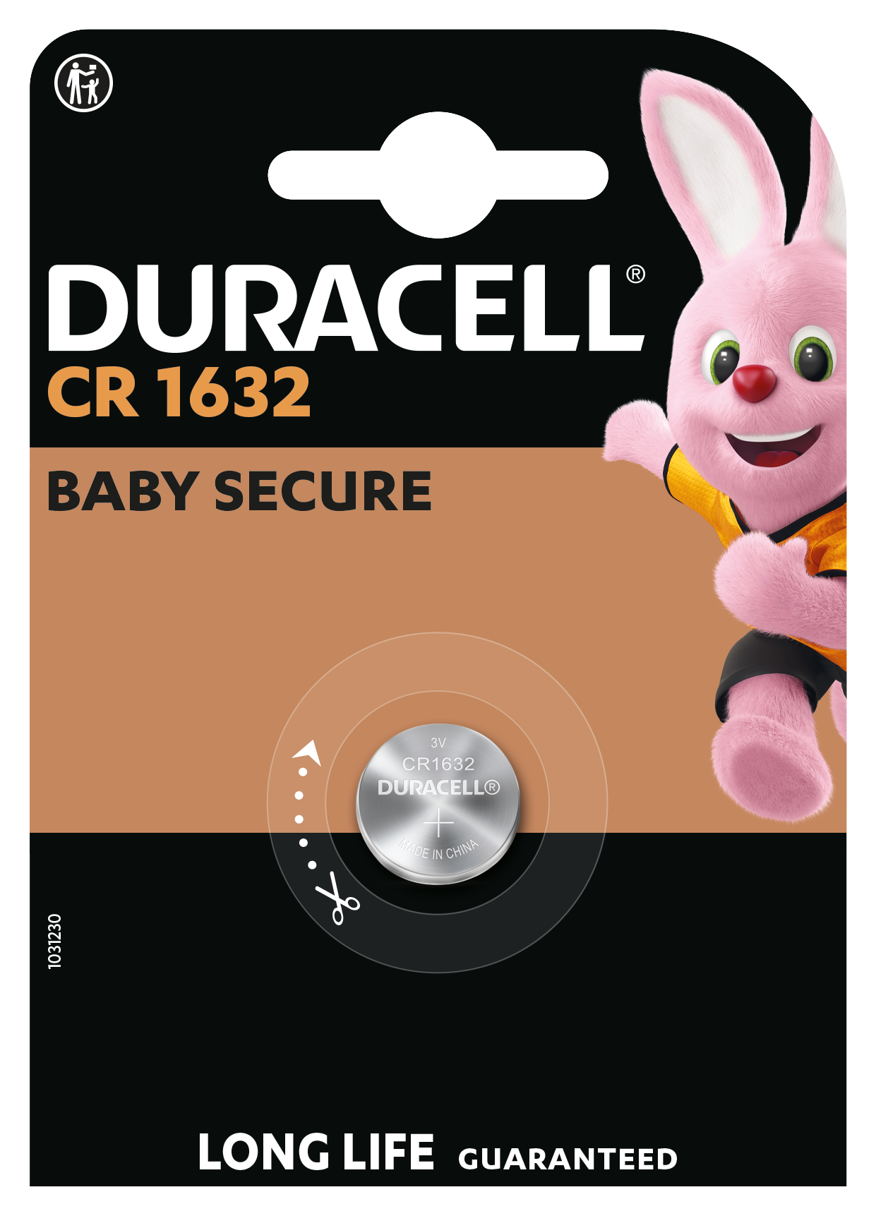 Duracell CR1632 lithium knapcellebatteri 3V synligt i midten af emballagen med Duracell-kaninen og BABY SECURE tekst.