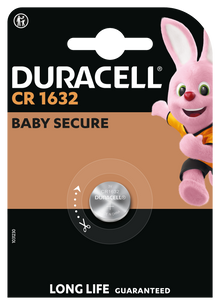Duracell CR1632 lithium knapcellebatteri 3V synligt i midten af emballagen med Duracell-kaninen og BABY SECURE tekst.