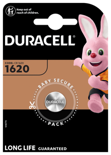 Duracell CR1620 lithium knapcellebatteri 1 stk i emballage med Duracell-kanin, LONG LIFE GUARANTEED og Baby Secure Pack.