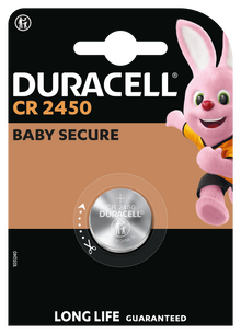 Duracell CR2450 lithium knapcellebatteri 1 stk i emballage med "BABY SECURE", "LONG LIFE GUARANTEED" og Duracell-kanin.