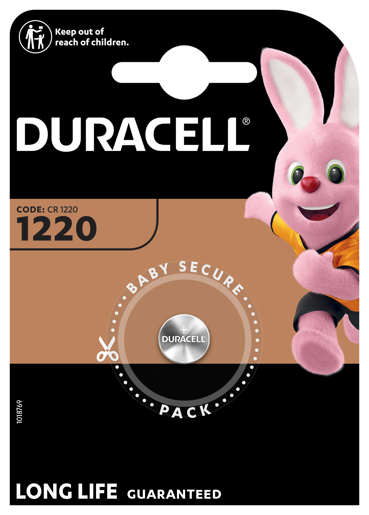 Duracell CR1220 lithium knapcellebatteri 1 stk med Duracell Bunny, børneadvarselsikon og Baby Secure Pack-tekst.