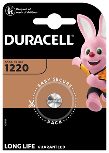 Duracell CR1220 lithium knapcellebatteri 1 stk med Duracell Bunny, børneadvarselsikon og Baby Secure Pack-tekst.