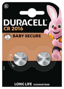 Duracell CR2016 lithium knapcellebatterier 2 stk 3V Baby Secure Long Life Guaranteed.