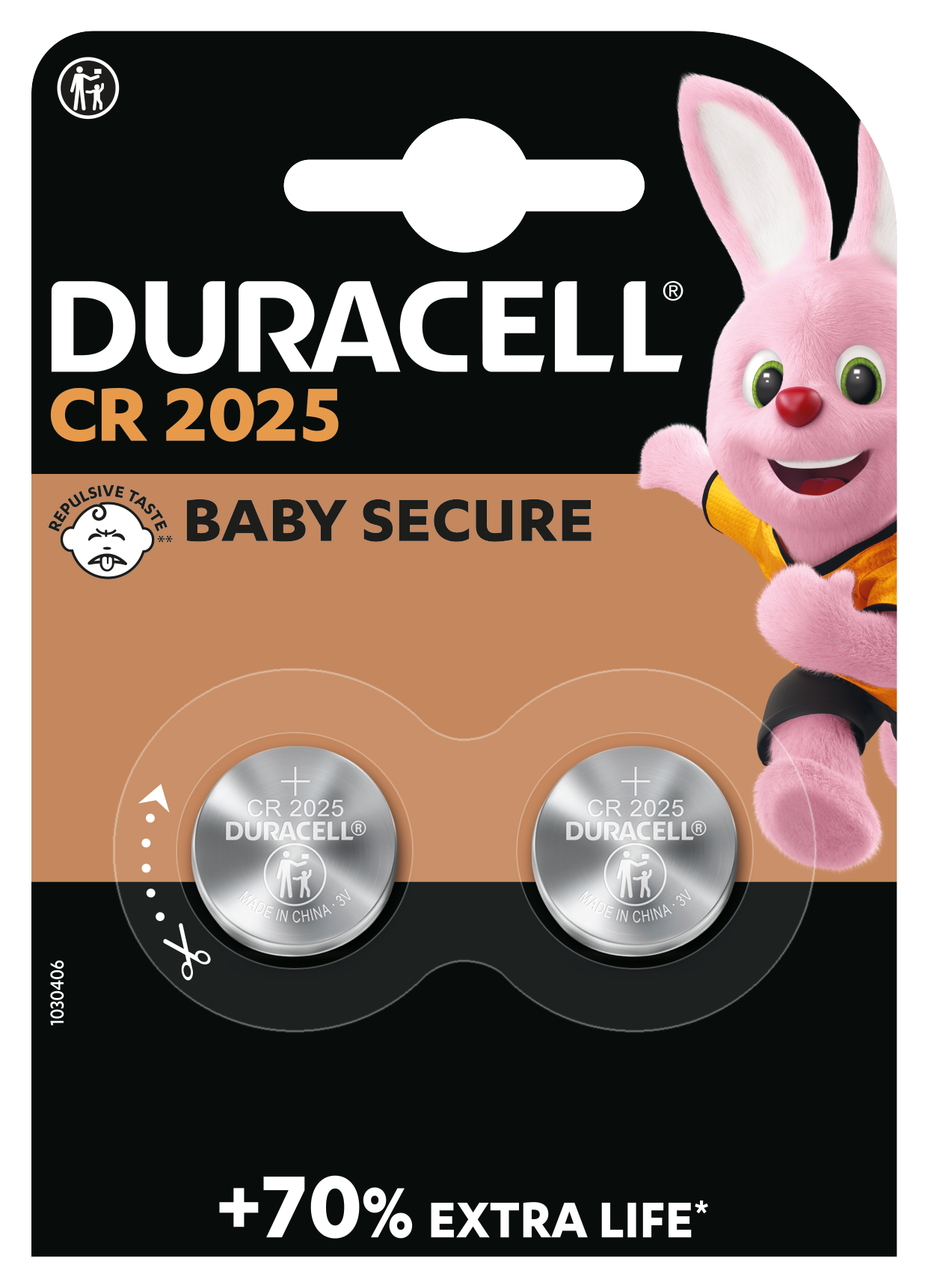 Duracell CR2025 lithium knapcellebatterier 2 stk, 3V, Duracell kanin, BABY SECURE og +70 EXTRA LIFE tekst på emballage.