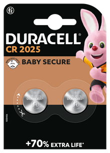 Duracell CR2025 lithium knapcellebatterier 2 stk, 3V, Duracell kanin, BABY SECURE og +70 EXTRA LIFE tekst på emballage.