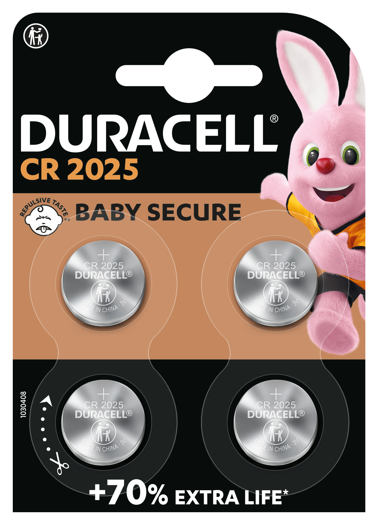 Duracell CR2025 lithium knapcellebatterier 4 stk med Baby Secure og Duracell-kanin på sort/tan emballage.