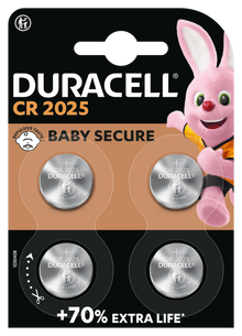 Duracell CR2025 lithium knapcellebatterier 4 stk med Baby Secure og Duracell-kanin på sort/tan emballage.