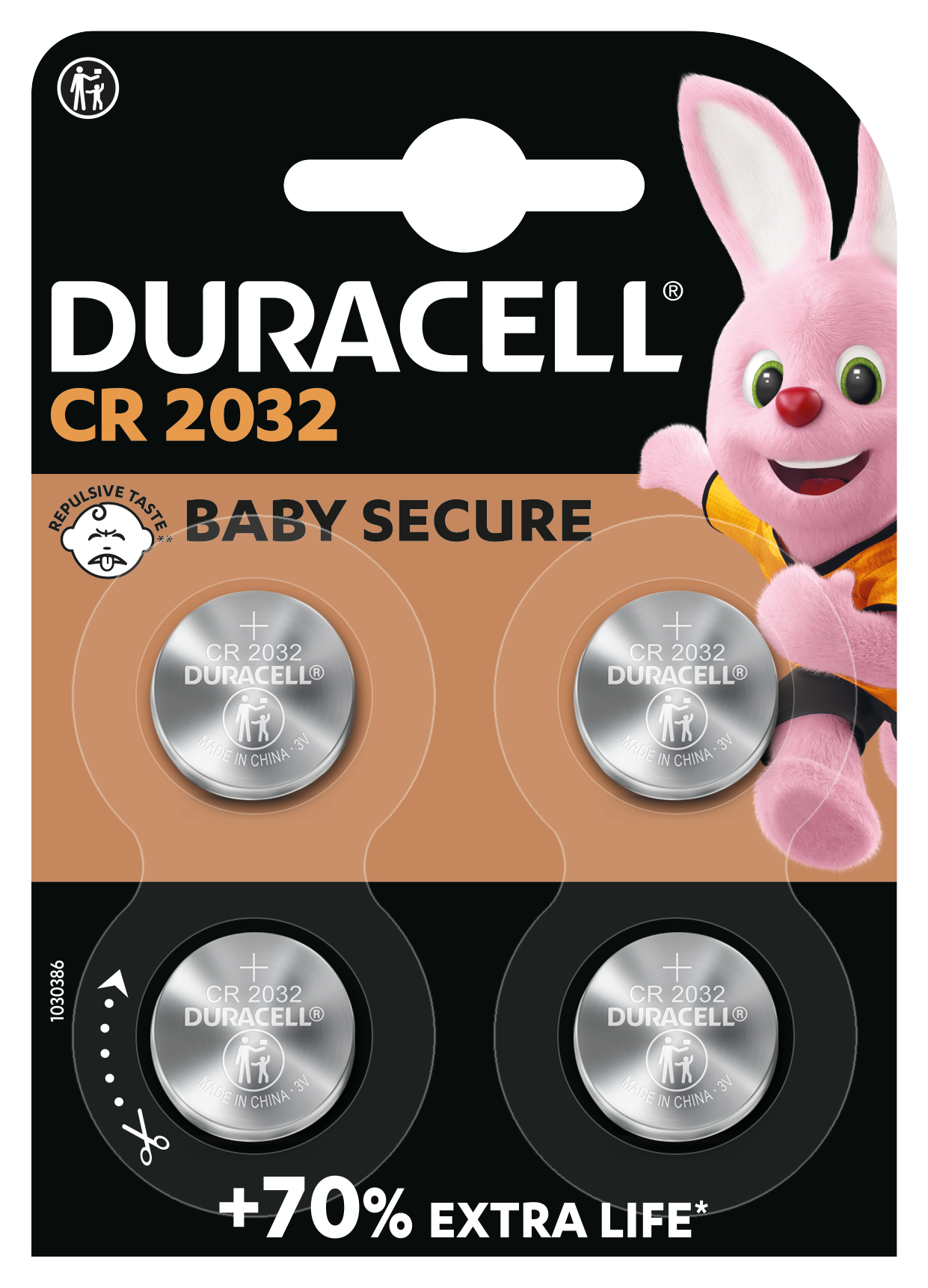 Duracell CR2032 lithium knapcellebatterier 4 stk sort-orange emballage, pink Duracell-kanin, "+70 Extra Life.