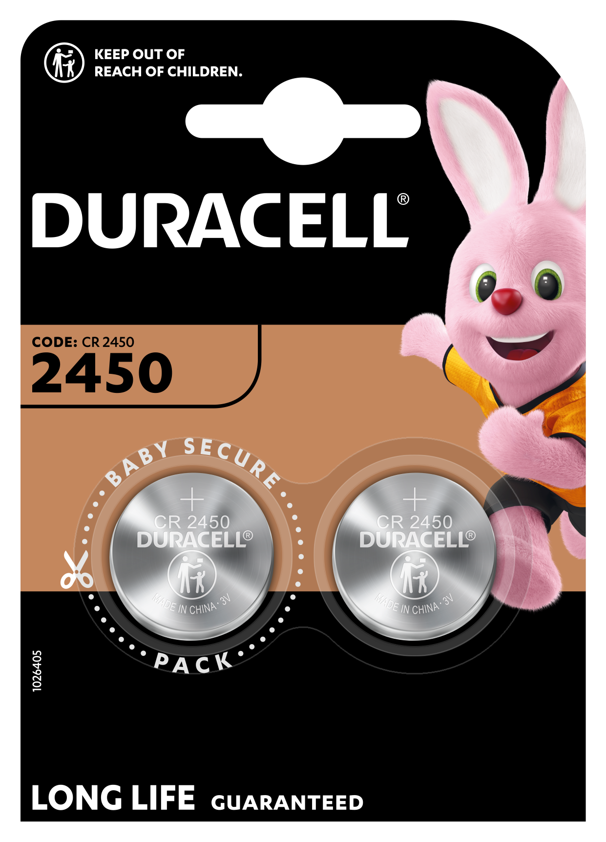 Duracell CR2450 lithium knapcellebatterier 2-pak i forseglet emballage med Duracell Bunny, Baby Secure og Long Life Guaranteed.