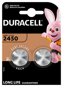 Duracell CR2450 lithium knapcellebatterier 2-pak i forseglet emballage med Duracell Bunny, Baby Secure og Long Life Guaranteed.