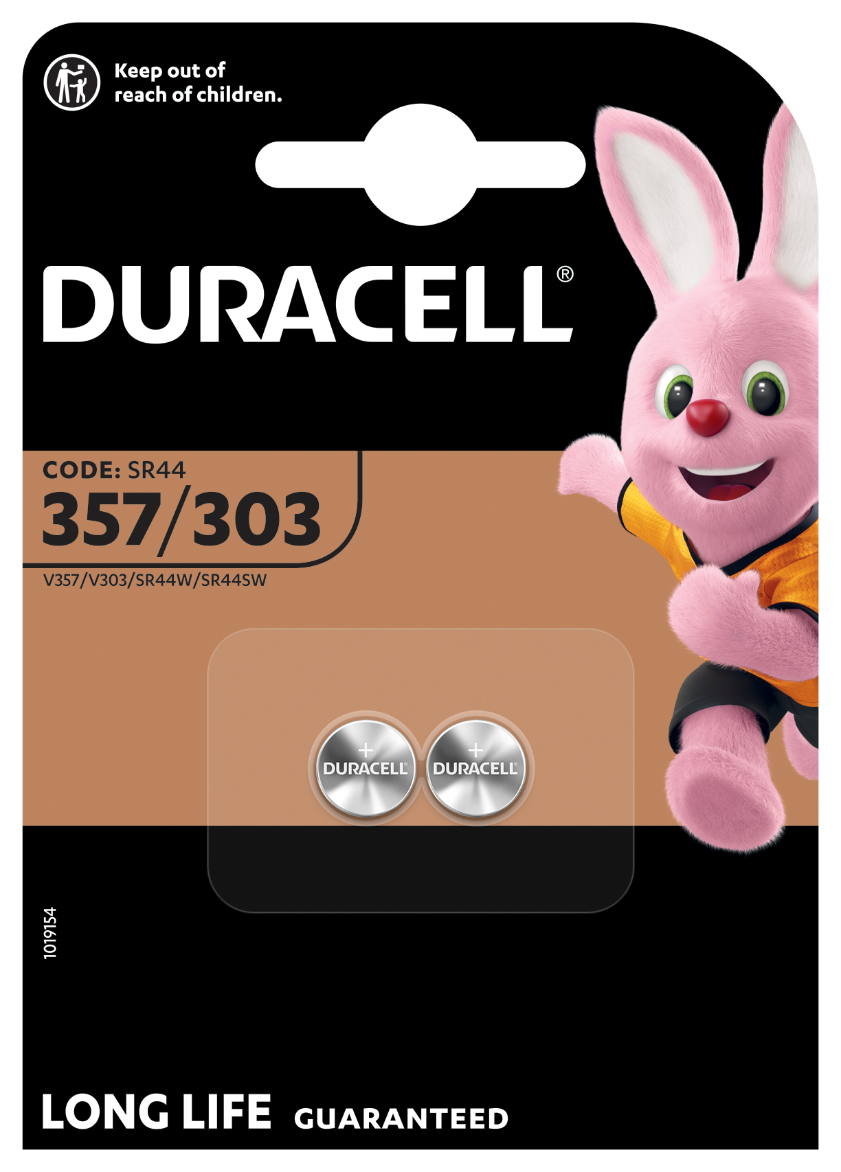Duracell 357/303 sølvoxid knapcellebatterier 2 stk i sort/brun emballage med Duracell-kanin og til synlige SR44-batterier.