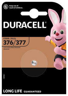Duracell 376/377 sølvoxid knapcellebatteri, 1 stk, synligt i midten med Duracell Bunny og sikkerhedsadvarsel for børn.