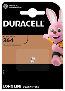 Duracell 364 sølvoxid knapcellebatteri SR621SW i emballage med Duracell-logo, kanin og tekst Long Life Guaranteed.