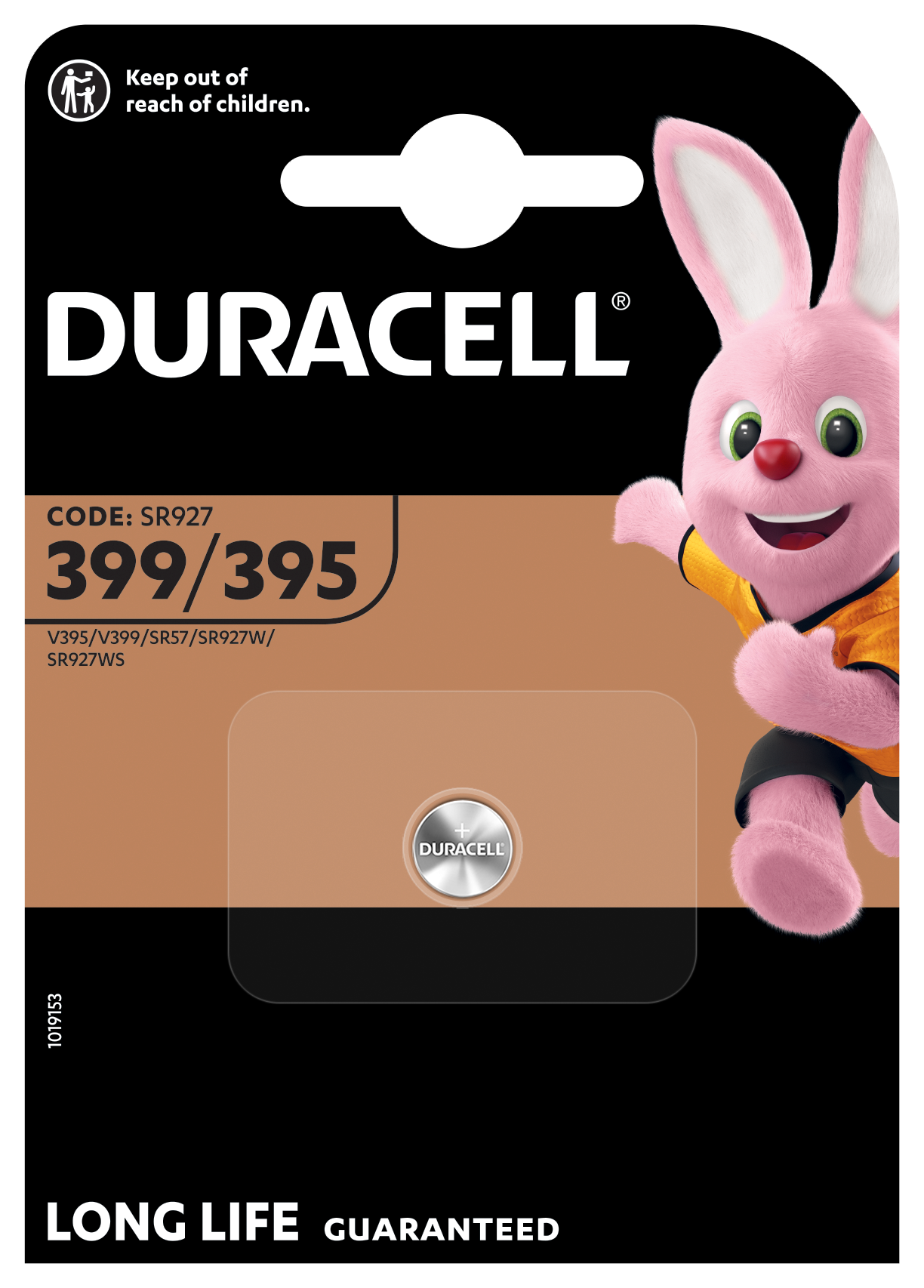 Duracell 399/395 sølvoxid knapcelle, 1 stk pakke med synlig batteri, Duracell kanin og LONG LIFE GUARANTEED tekst.