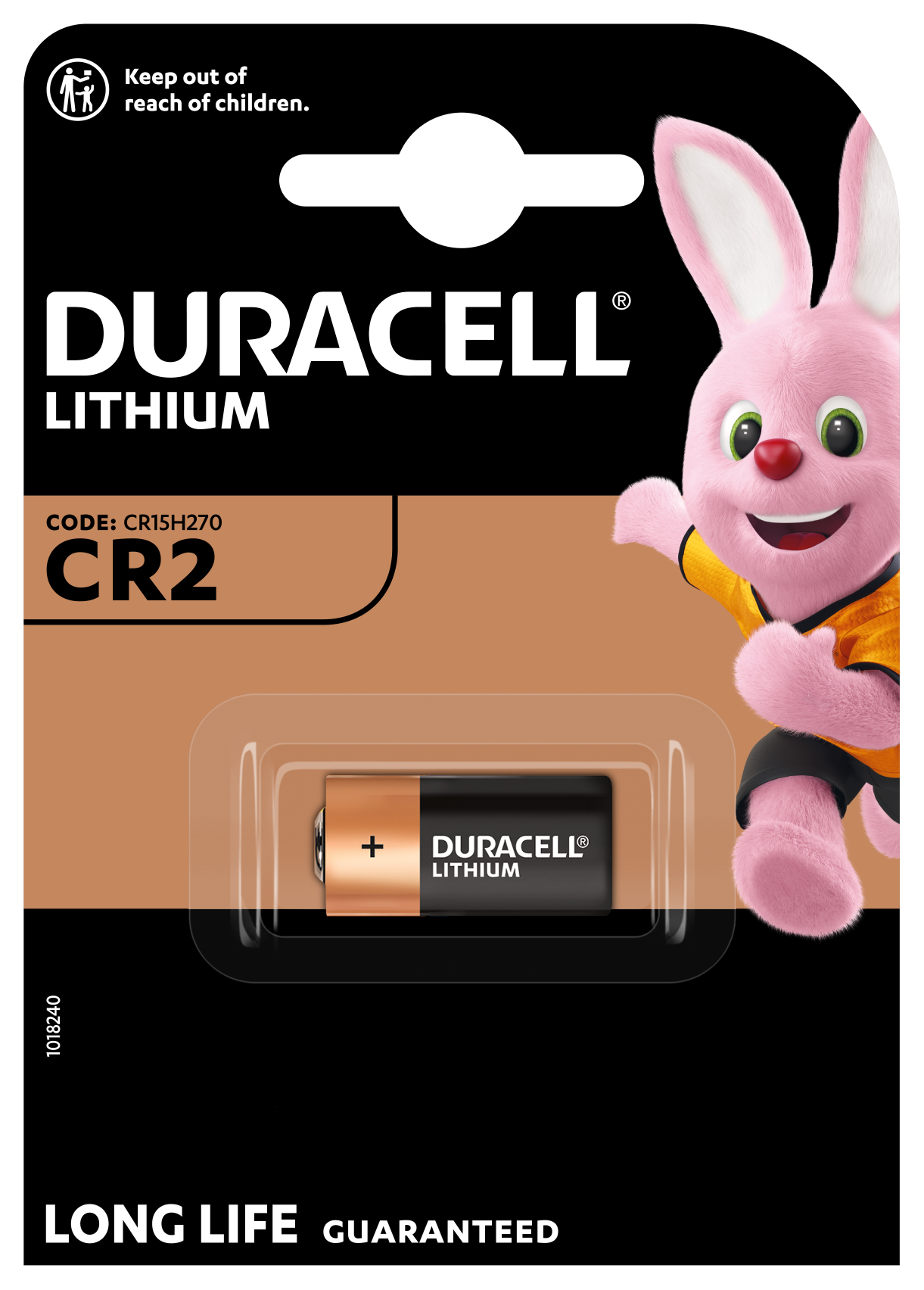 Duracell CR2 lithiumbatteri 1 stk i emballage med Duracell-kanin, "Long Life Guaranteed" og børnesikkerhedsadvarsel.