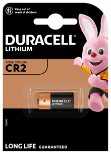 Duracell CR2 lithiumbatteri 1 stk i emballage med Duracell-kanin, "Long Life Guaranteed" og børnesikkerhedsadvarsel.