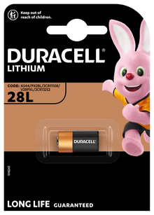 Duracell 28L lithiumbatteri 1 stk sort/kobber emballage med Duracell-kanin og advarsel om at holde væk fra børn.