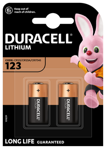 Duracell 123 lithiumbatterier 2 stk, kanin-logo, barnesikring, til kamera og elektroniske enheder.